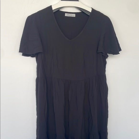 Airisa Women’s Black V-Neck Flutter Sleeve Tiered Cotton Midi Dress Sundress M/L - Picture 7 of 14